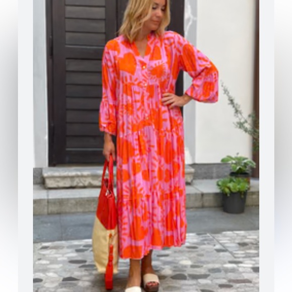 Vibrant Long Sleeve Dress in Pink and Orange - Picture 1 of 6